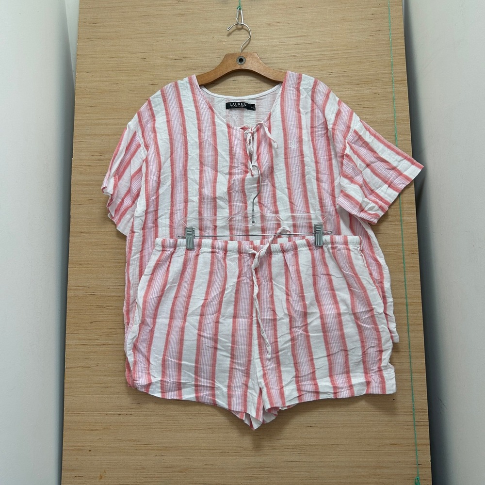 Lauren Ralph Lauren Red White Striped Pajama Set XL Top Shorts Loungewear